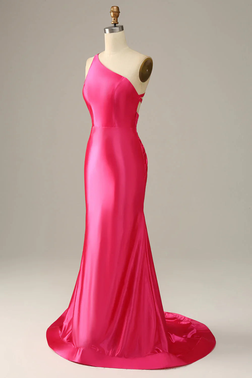 Hot Pink Satin Mermaid Prom Dress with One-Shoulder Neckline and Open Back – Elegant Formal Evening Gown