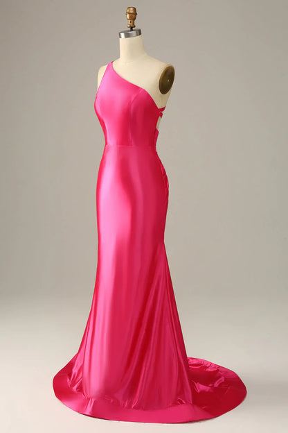 Hot Pink Satin Mermaid Prom Dress with One-Shoulder Neckline and Open Back – Elegant Formal Evening Gown