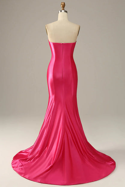 Vestido de graduación de satén rosa fucsia corte sirena con escote palabra de honor y abertura alta – Elegante vestido de noche formal