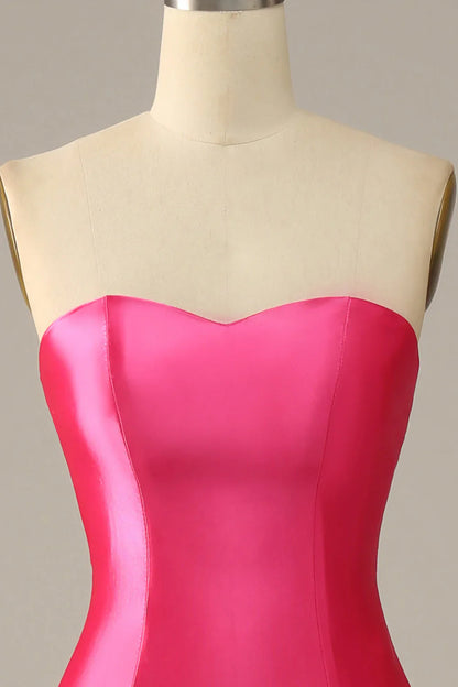 Vestido de graduación de satén rosa fucsia corte sirena con escote palabra de honor y abertura alta – Elegante vestido de noche formal