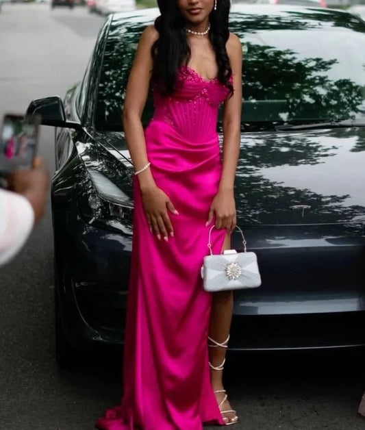 Fuchsia Sweetheart Prom Dress Mermaid Long Split Formal Gown simple gentle atmospheric and unique desi Bring summer colors to enhance whiteness by YiHuiw
