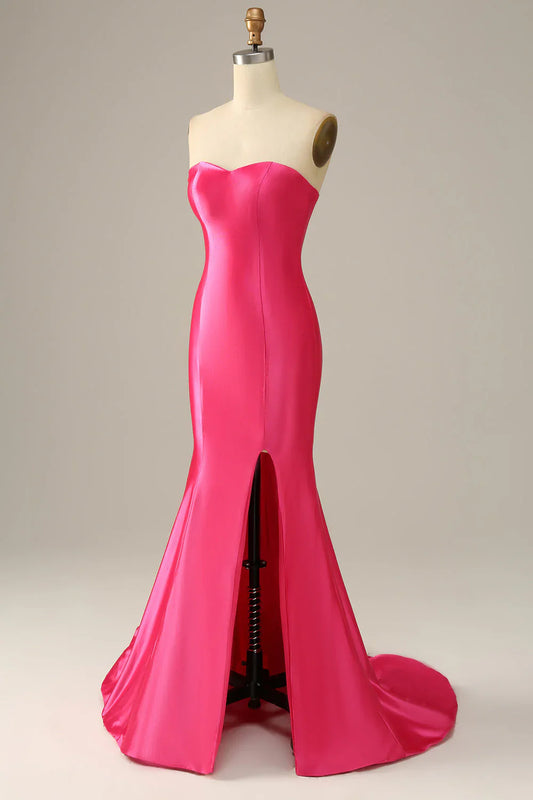 Hot Pink Satin Mermaid Prom Dress with Strapless Neckline and High Slit – Elegant Formal Evening Gown