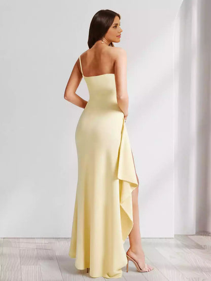Vestidos de dama de honor llenos de encanto, sin mangas, con un solo hombro, plisado, borde de volantes, abertura lateral y largo hasta el suelo