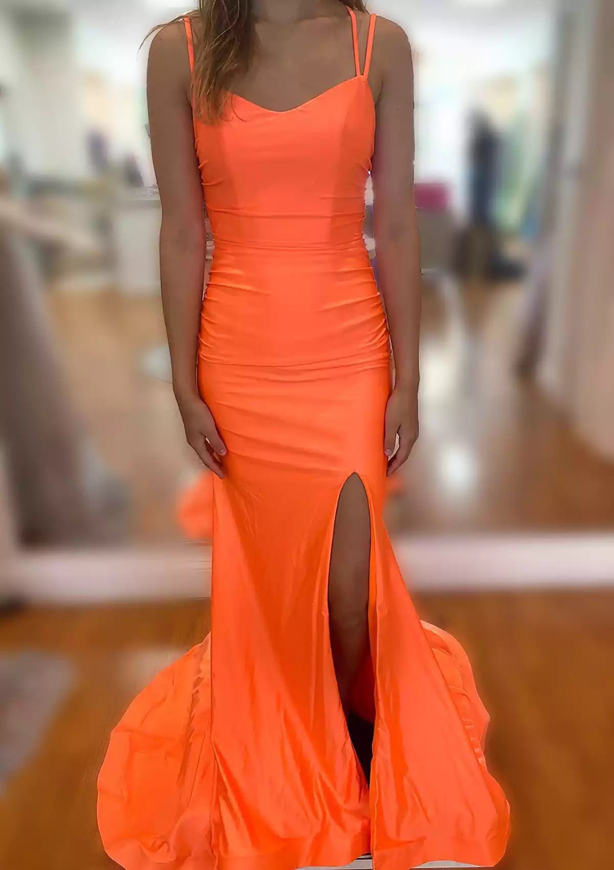 Full of charm horn/mermaid V-neck sleeveless trailing knit slit pleated Prom Dresses