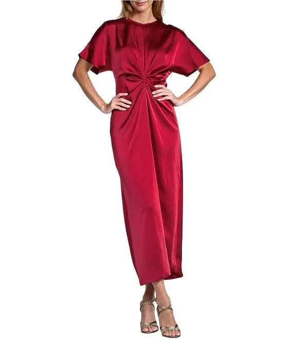 Gabriella Crew Neck Short Sleeve Satin Maxi Dress simple gentle atmospheric and unique desi Bring summer colors to enhance white by YiHuiw