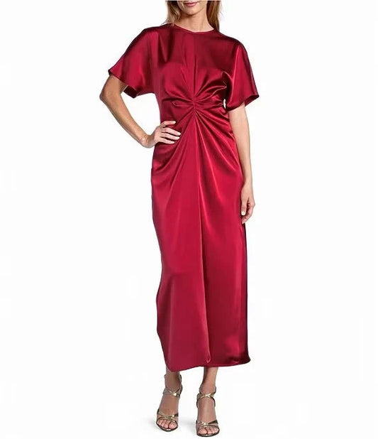 Gabriella Crew Neck Short Sleeve Satin Maxi Dress simple gentle atmospheric and unique desi Bring summer colors to enhance white by YiHuiw