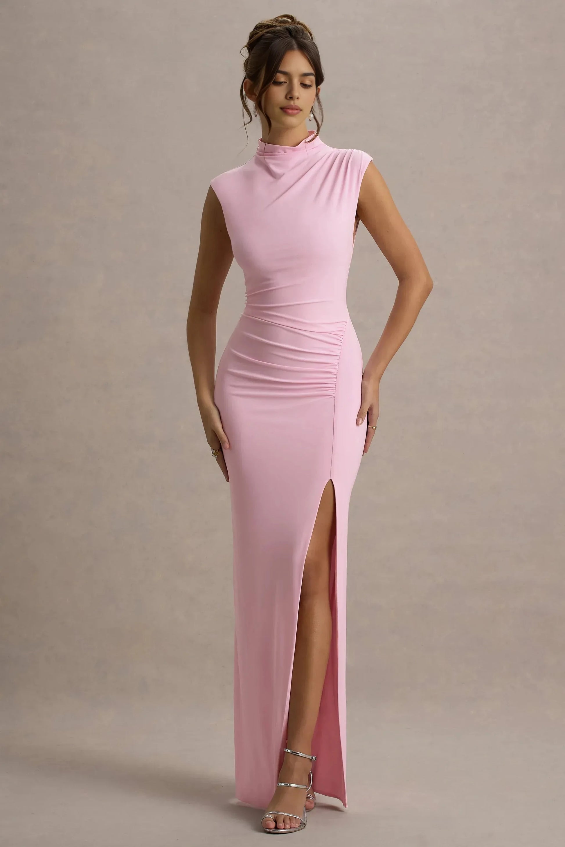 Gentle Sheath Turtleneck Cap Sleeve Ruched Back Floor Length For Sale Evening Dress by YiHuiw