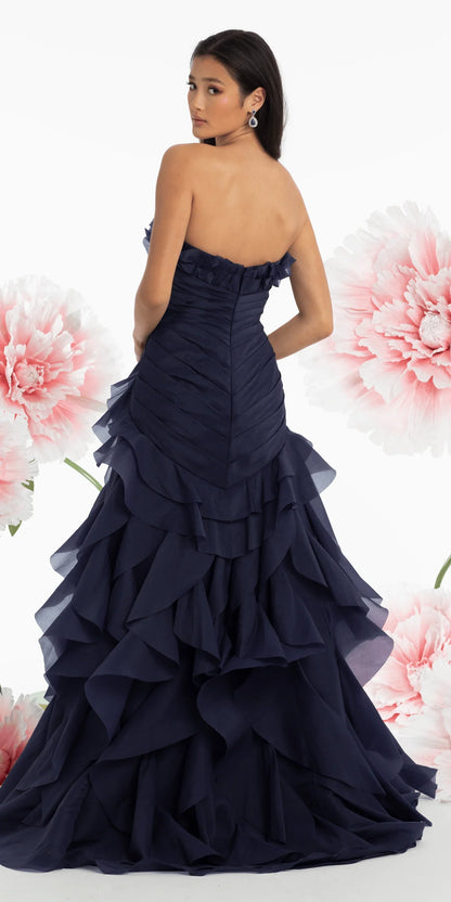 Vestido de noche glamuroso de gasa, corte sirena, sin tirantes, con flores 3D, volantes en cascada y largo hasta el suelo