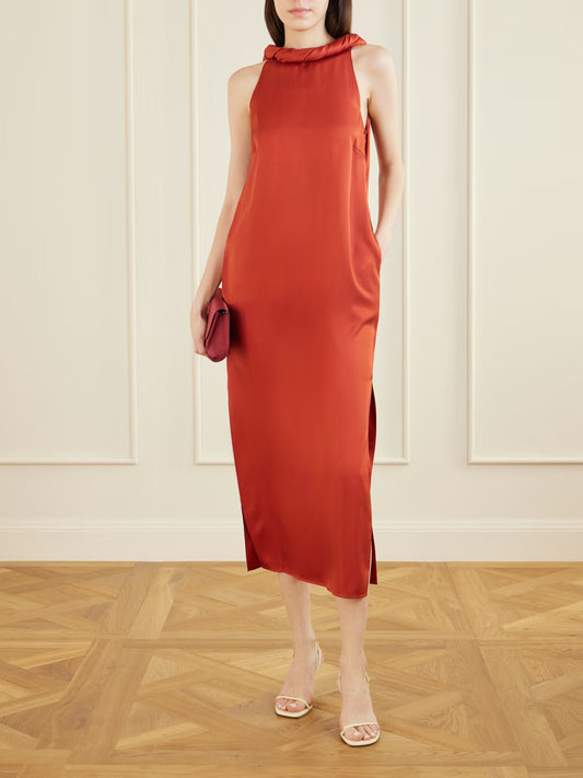 Glam Satin Halter Neck Draped Back Midi Dress with Side Slit & Pockets