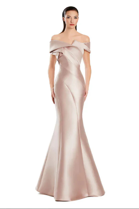 Glam Satin Mermaid Off-the-Shoulder Diagonal Seam Pearl Back Formal Evening Dress