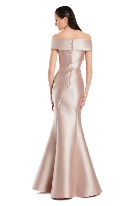 Glam Satin Mermaid Off-the-Shoulder Diagonal Seam Pearl Back Formal Evening Dress