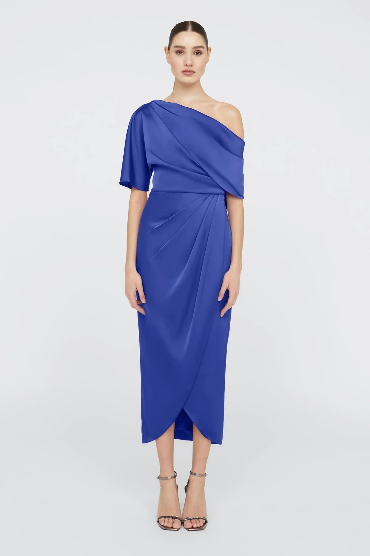 Vestido de noche formal midi de satén glamuroso, corte tubo, un solo hombro, fruncido y bajo tulipán