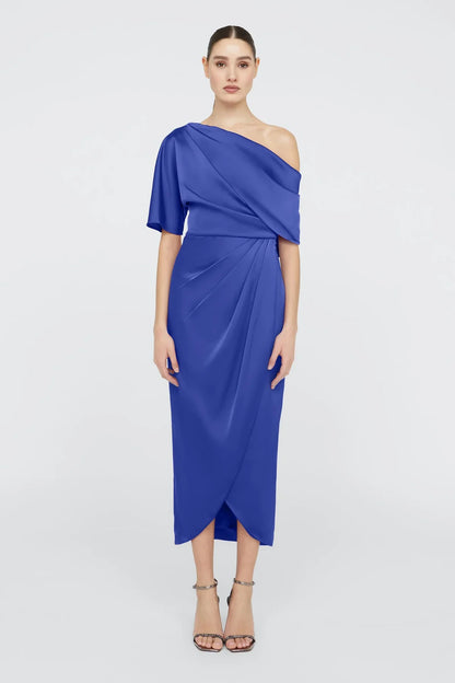 Vestido de noche formal midi de satén glamuroso, corte tubo, un solo hombro, fruncido y bajo tulipán