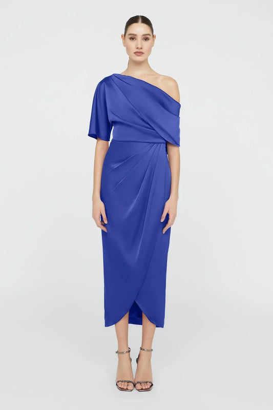 Glam Satin Sheath One Shoulder Ruched Tulip Hem Midi Formal Evening Dress