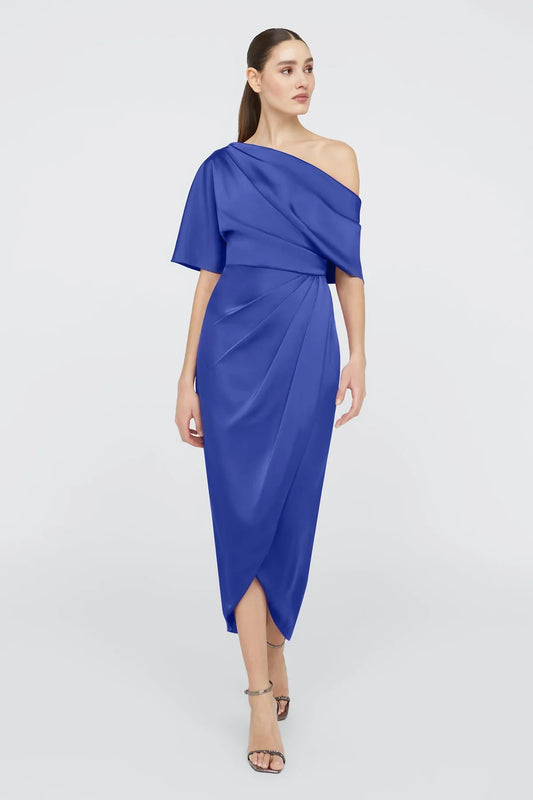 Glam Satin Sheath One Shoulder Ruched Tulip Hem Midi Formal Evening Dress