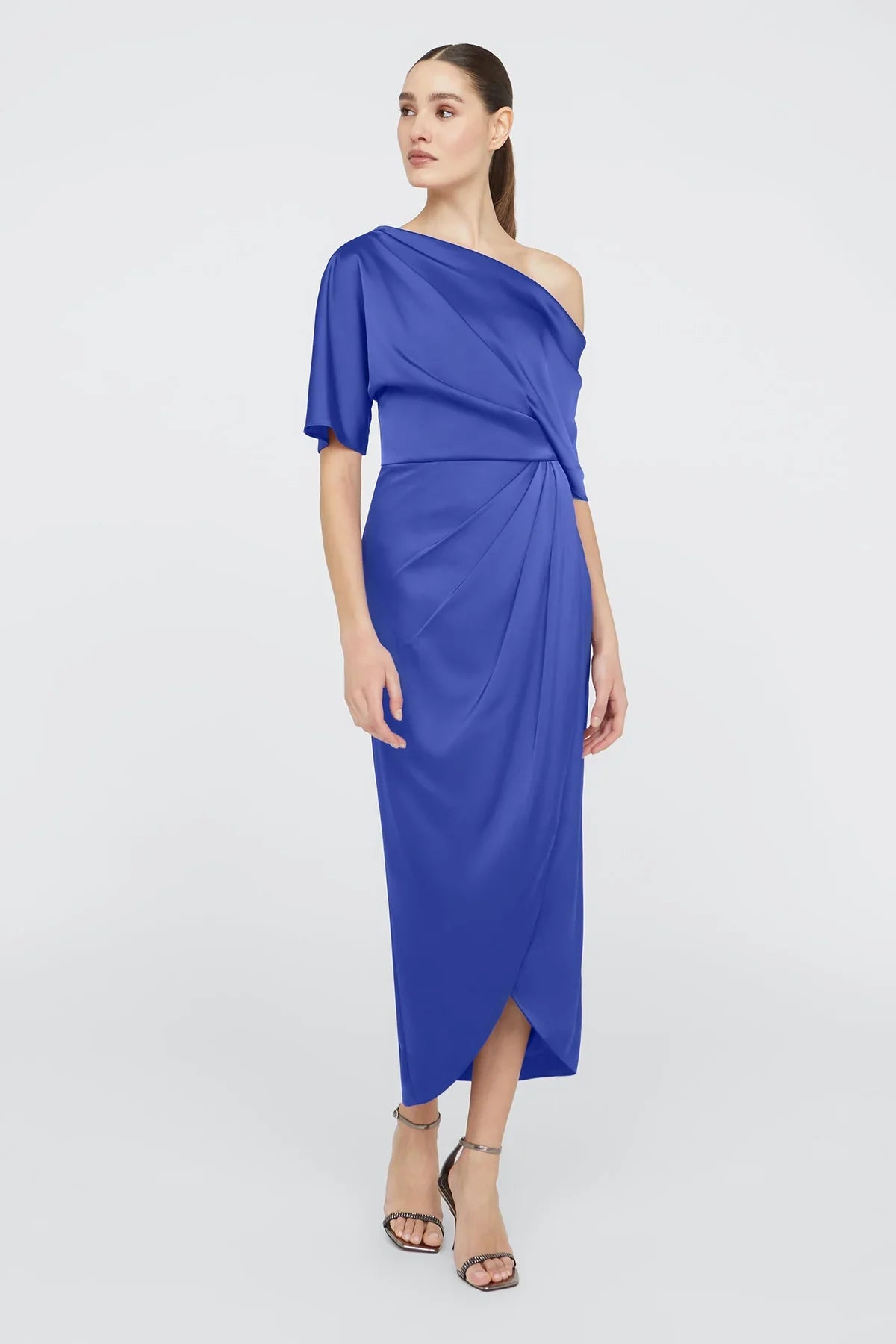 Vestido de noche formal midi de satén glamuroso, corte tubo, un solo hombro, fruncido y bajo tulipán
