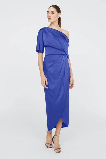 Vestido de noche formal midi de satén glamuroso, corte tubo, un solo hombro, fruncido y bajo tulipán