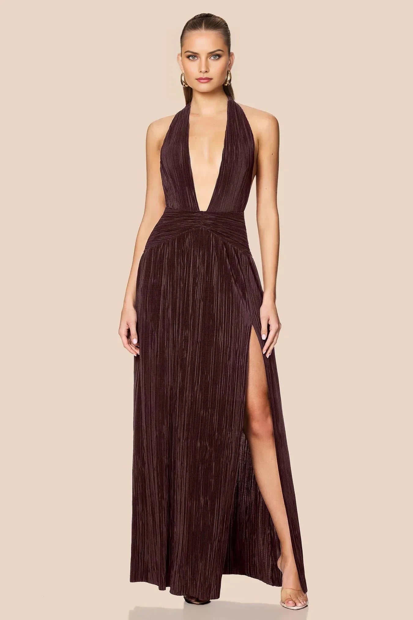 Glamorous A-Line Halter Deep V Sleeveless Open Back Floor Length For Adults Prom Dress by YiHuiw