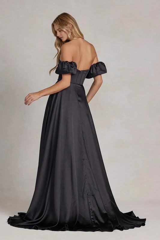 Glamorous A-Line Sweetheart Off-Shoulder Open Back Train Floor Length Prom Dress by YiHuiw