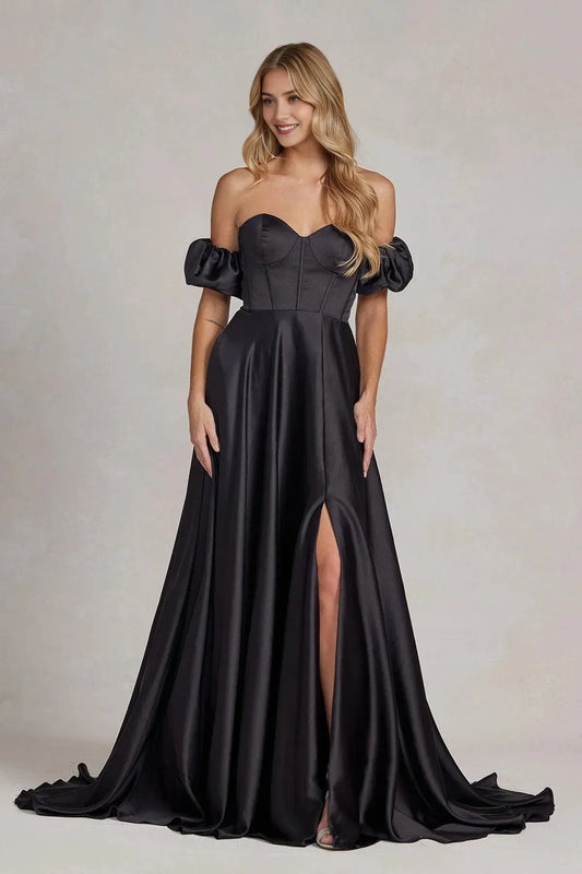 Glamorous A-Line Sweetheart Off-Shoulder Open Back Train Floor Length Prom Dress by YiHuiw