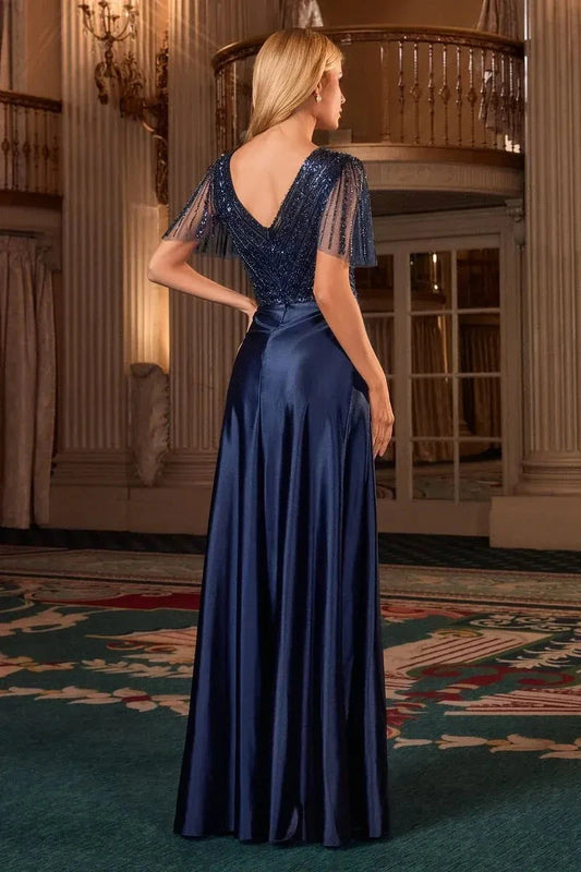 Glamorous A-Line V-Neck Beaded Short Sleeve V Back Floor Length Prom Dress by YiHuiw