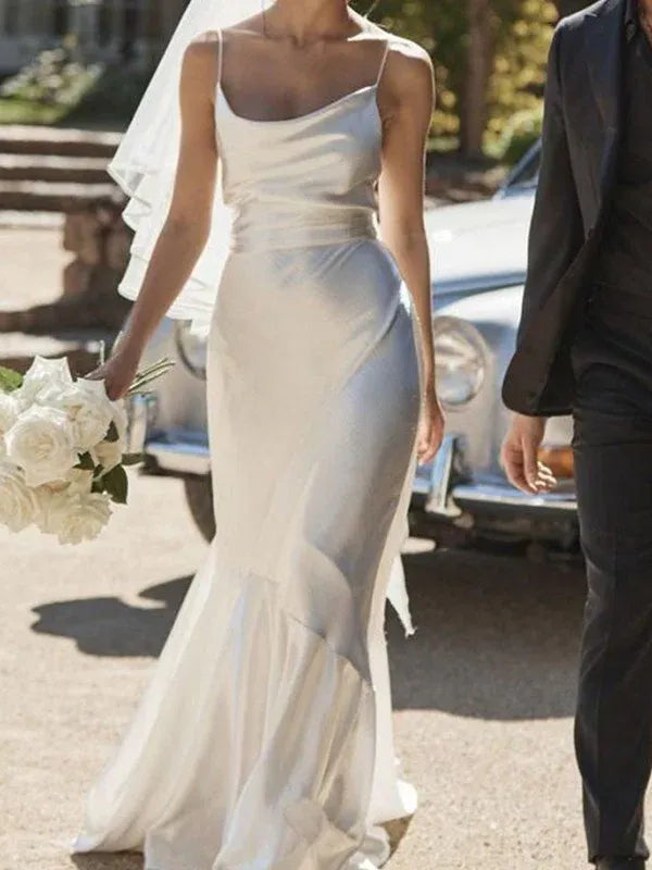 Mermaid Spaghetti Strap Satin Ruffled Wedding Dress - Yihuiw by Yihuiw