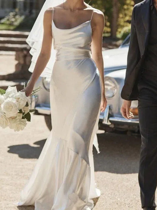 Mermaid Spaghetti Strap Satin Ruffled Wedding Dress - Yihuiw by Yihuiw