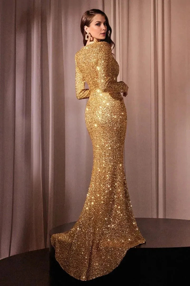 Glamorous Mermaid Deep V Long Sleeve Open Back Train Length Prom Dress by YiHuiw