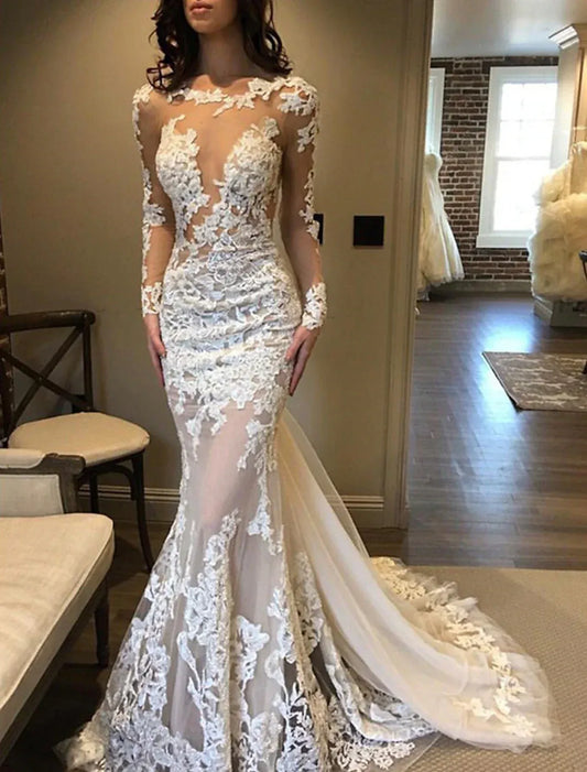 Mermaid Off-Shoulder Lace Train Wedding Dress - Yihuiw by Yihuiw