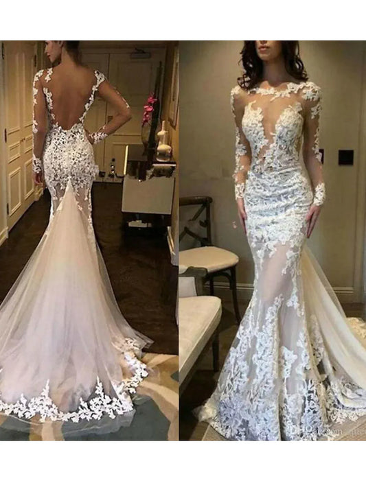 Mermaid Off-Shoulder Lace Train Wedding Dress - Yihuiw by Yihuiw
