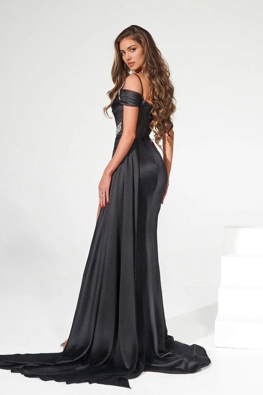 Glamorous Mermaid Off Shoulder Short Sleeve Open Back Train Floor Length Prom Dress