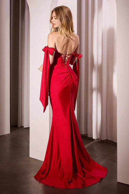 Glamorous Mermaid Sweetheart Off Shoulder Lace Up Back Train Floor Length Prom Dress by YiHuiw
