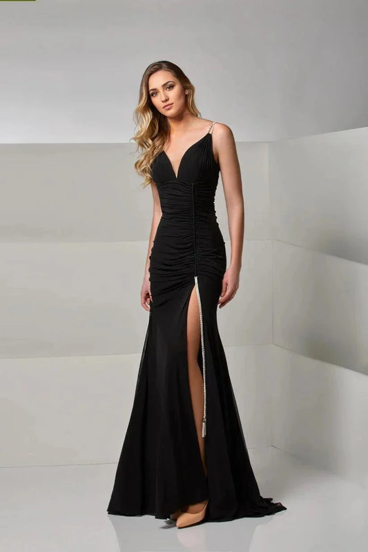 Glamorous Mermaid V Neck Spaghetti Strap Open Back Train Floor Length Prom Dress by YiHuiw