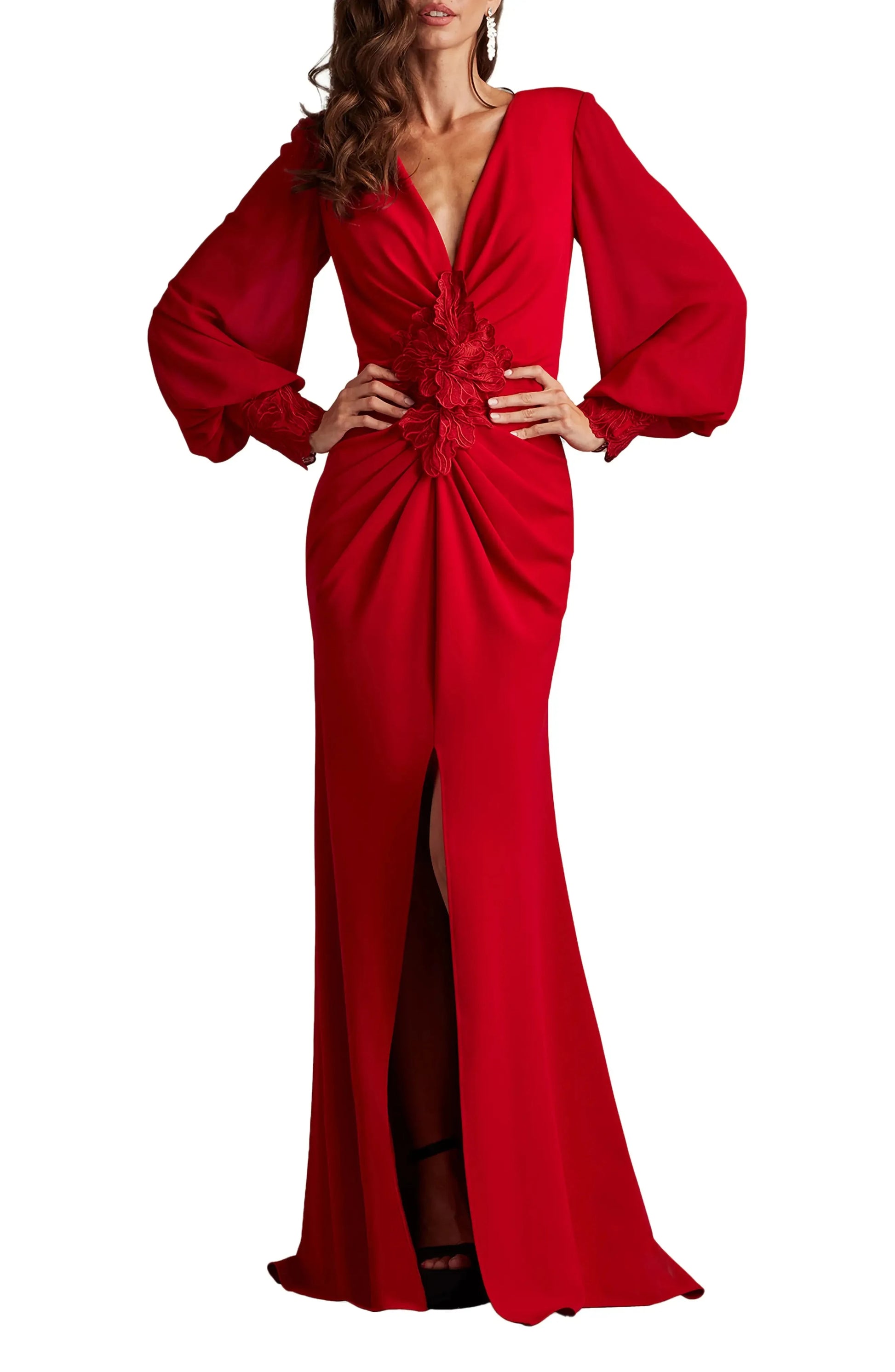 Glamorous Sheath Deep V Puff Sleeve Zip Back Maxi For Adults Evening Dress by YiHuiw