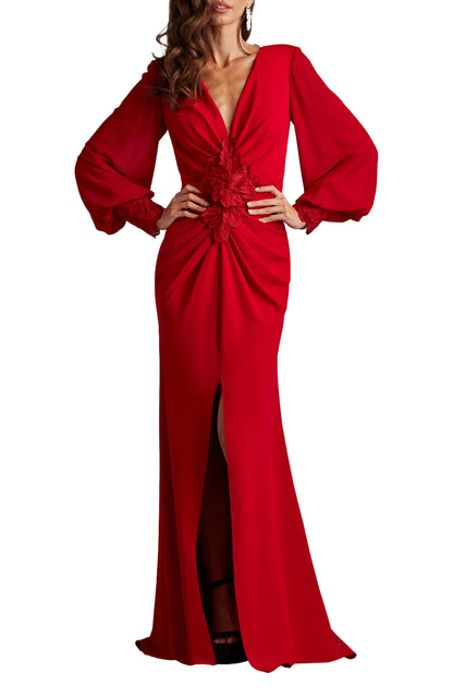 Glamorous Sheath Deep V Puff Sleeve Zip Back Maxi For Adults Evening Dress by YiHuiw