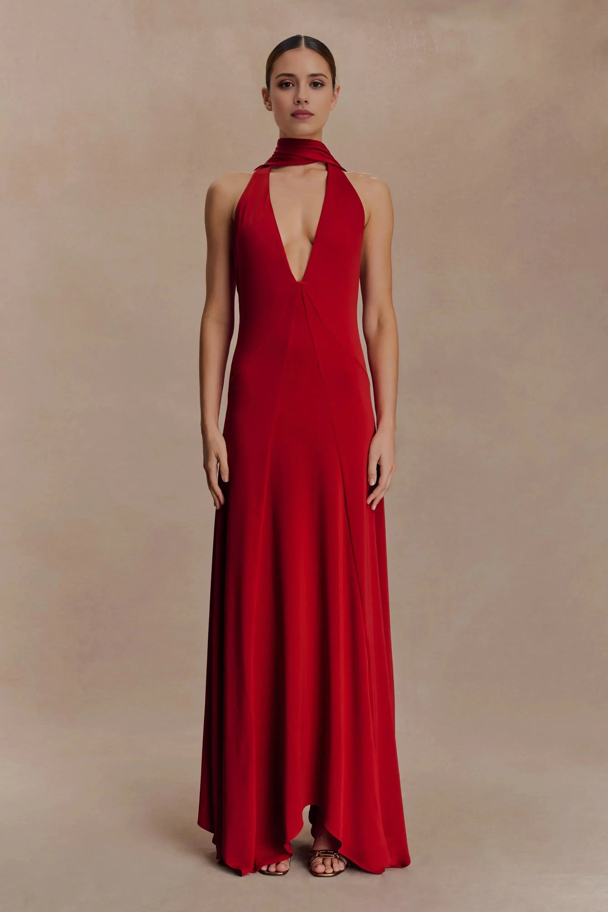 Glamorous Sheath Halter Neck Sleeveless Ruched Open Back Floor Length Prom Dress by YiHuiw
