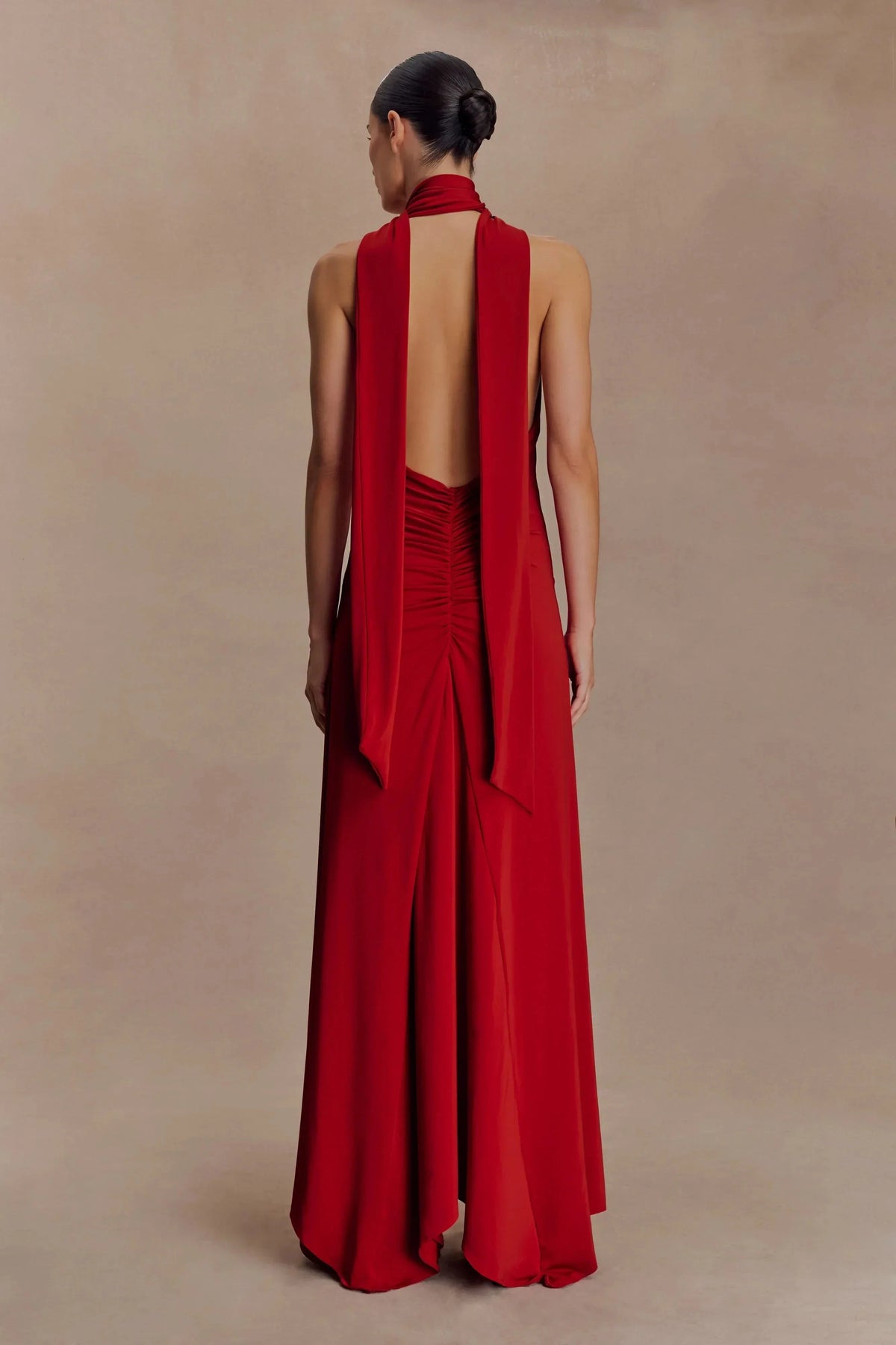 Glamorous Sheath Halter Neck Sleeveless Ruched Open Back Floor Length Prom Dress by YiHuiw