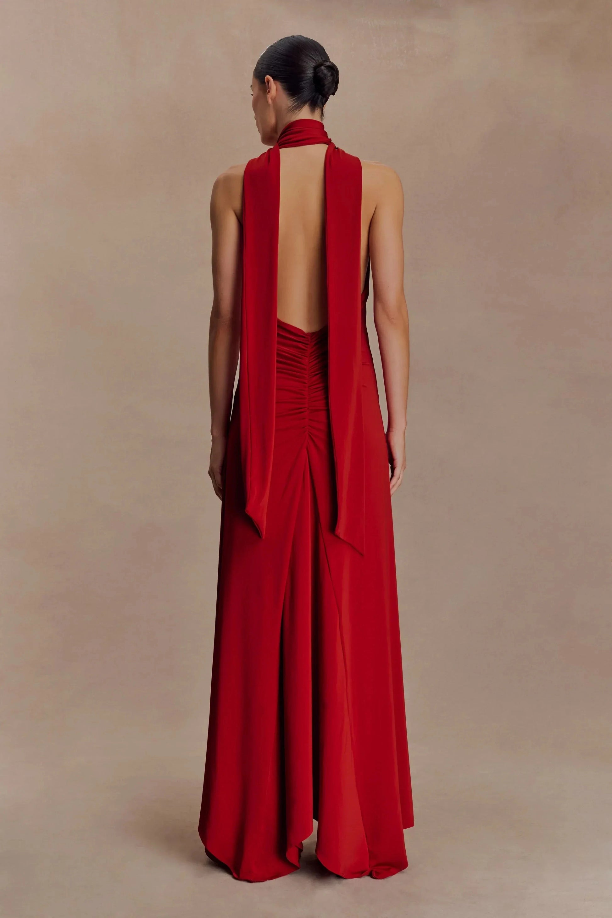 Glamorous Sheath Halter Neck Sleeveless Ruched Open Back Floor Length Prom Dress by YiHuiw