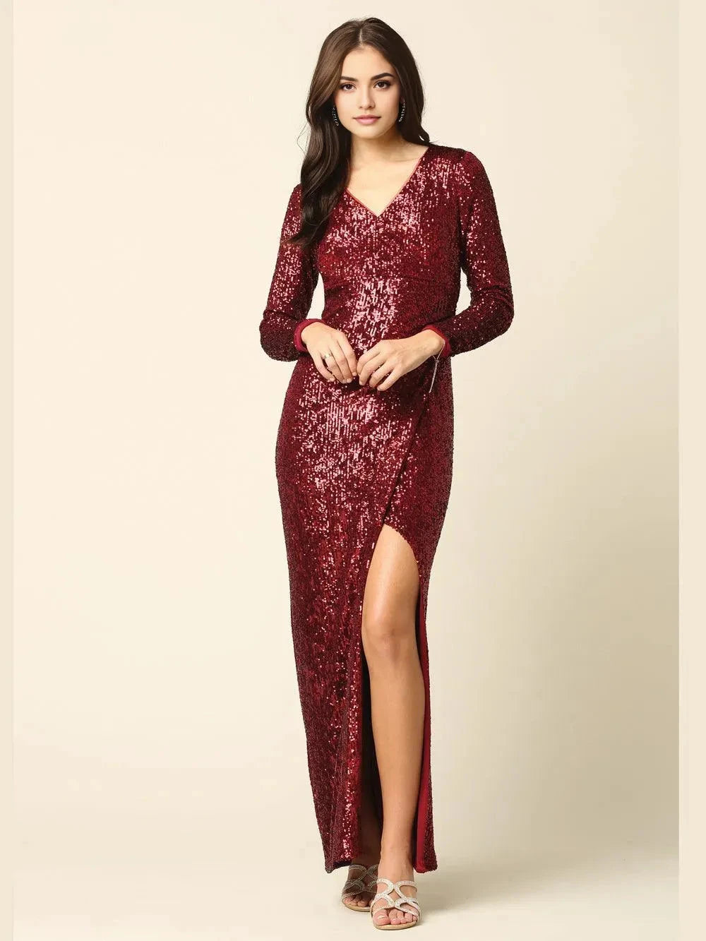 Glamorous Sheath V-Neck Long Sleeve Ruched Back Floor Length Prom Dress by YiHuiw