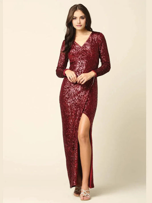 Glamorous Sheath V-Neck Long Sleeve Ruched Back Floor Length Prom Dress by YiHuiw