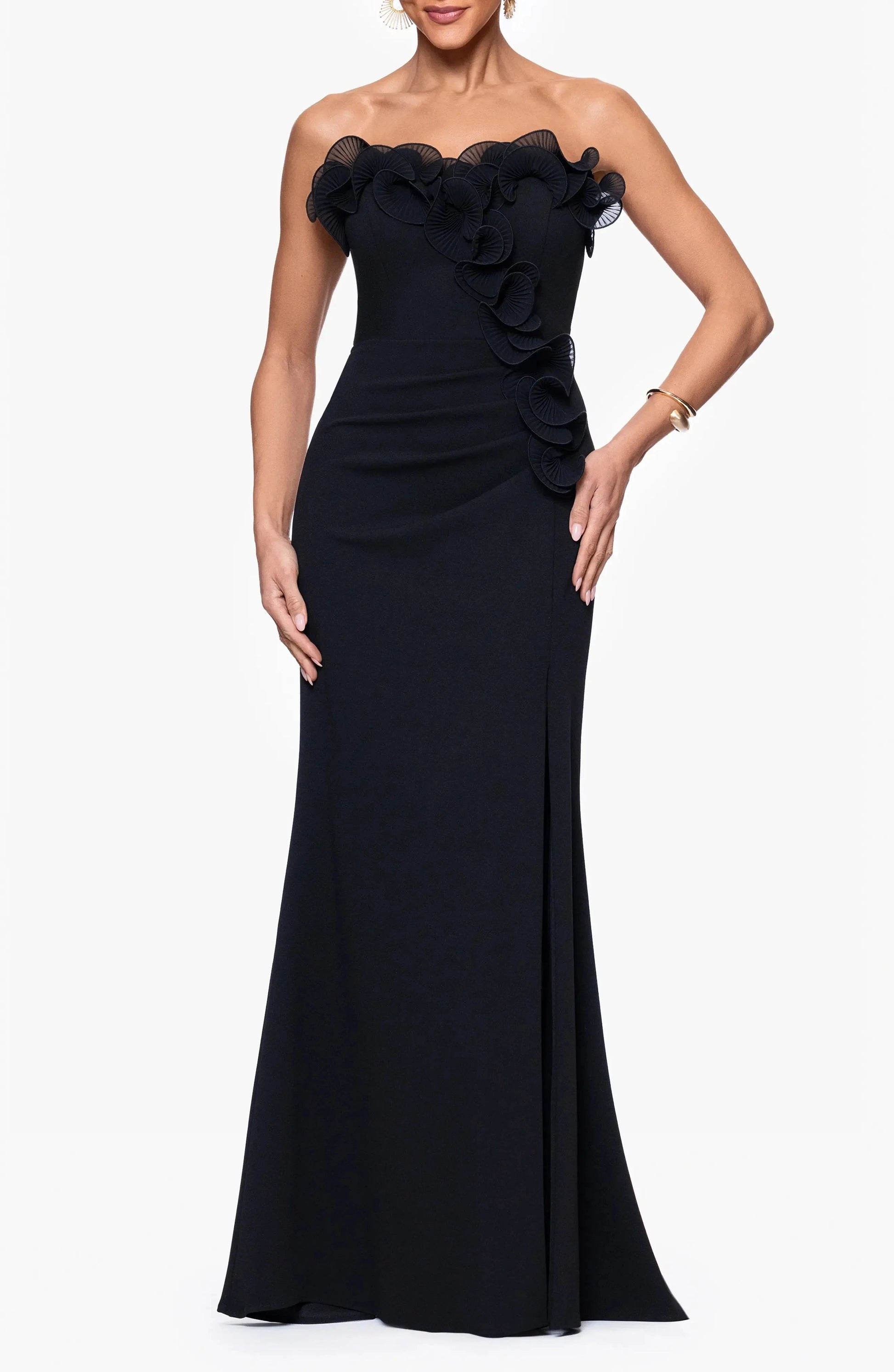 Glamorous Trumpet Strapless Ruffled Trim Zipper Back Maxi Evening Dress by YiHuiw