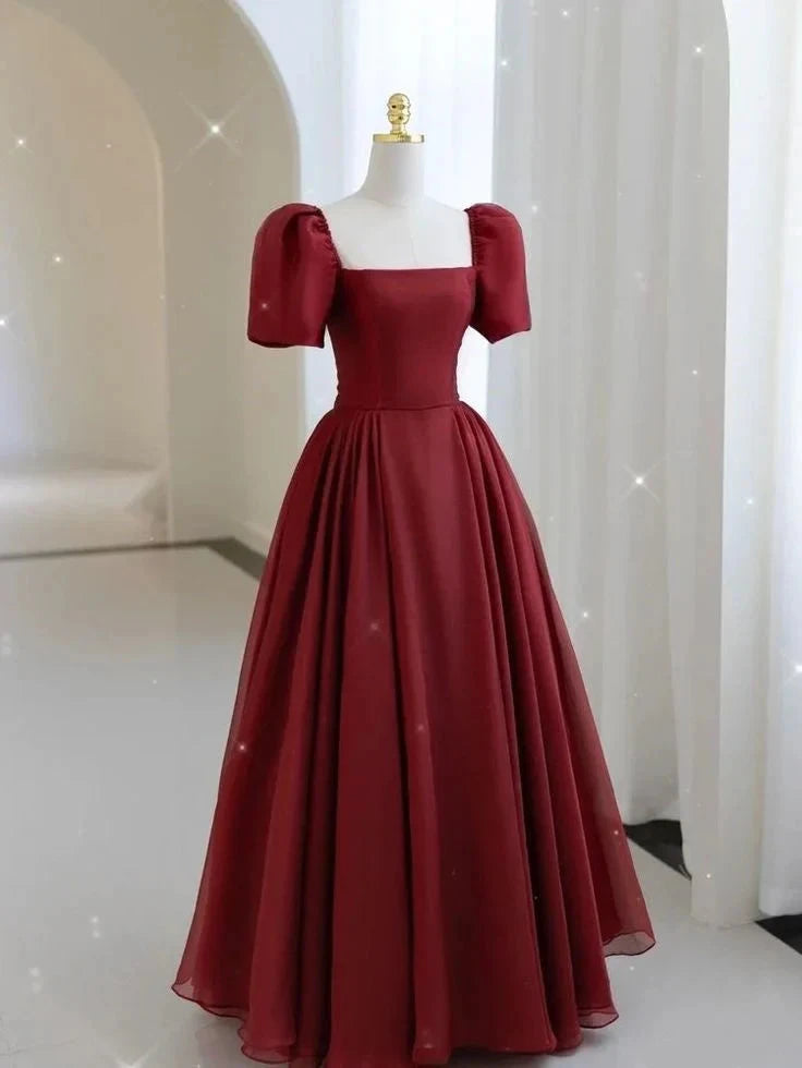 Glamorous A line Square Neck Short Sleeves Wine Red Chiffon Long Evening Party Gowns Evening Special Formal Dresses Prom Dress by YiHuiw