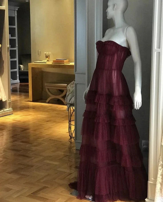 Glamorous A line Sweetheart Sleeveless Tulle Burgundy Long Evening Party Gowns Evening Special Formal Dresses Prom Dress by YiHuiw