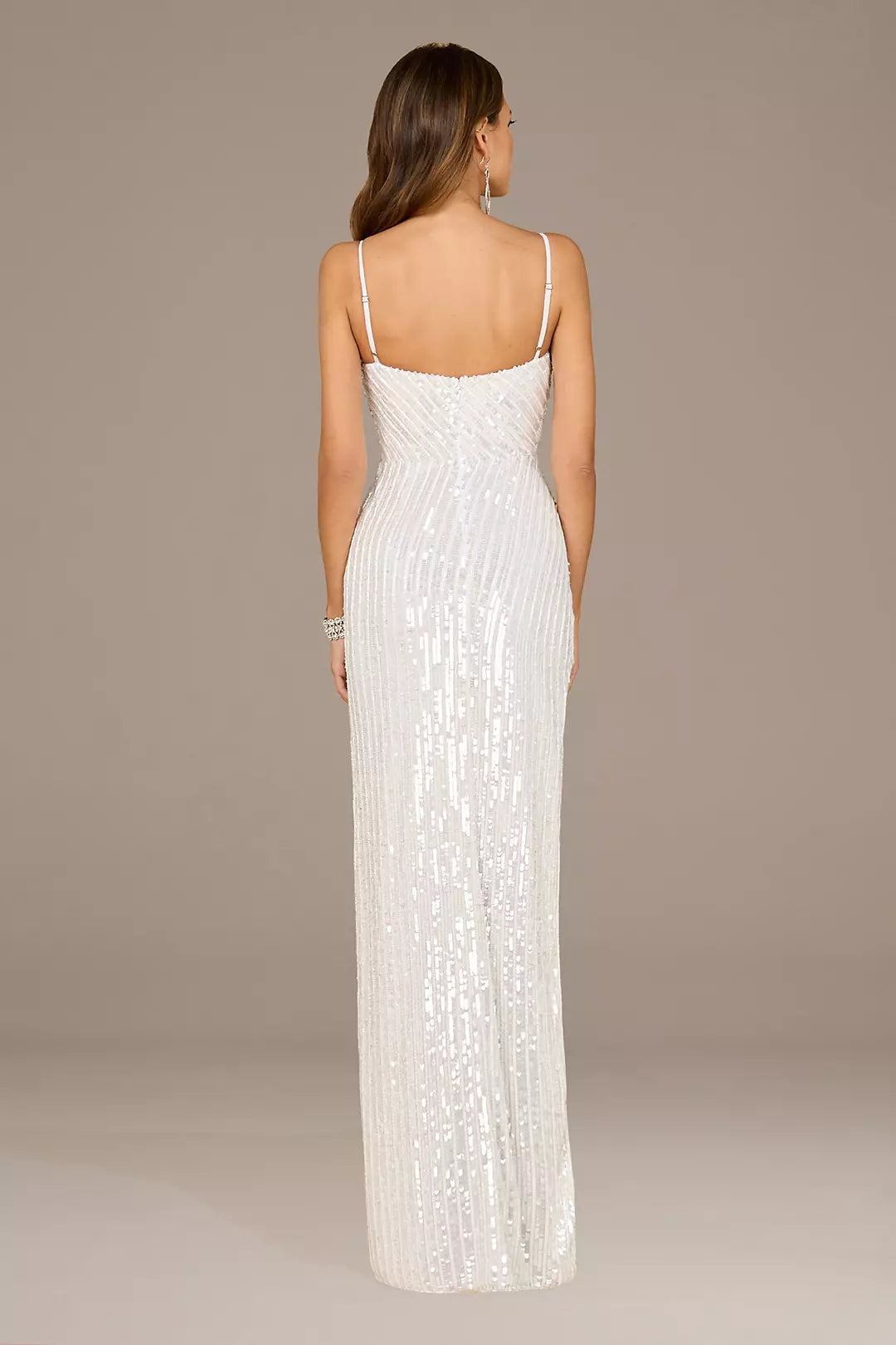 Glamorous All-Sequin Sheath Spaghetti-Strap V-Neck High-Slit Low-Back Wedding Dress