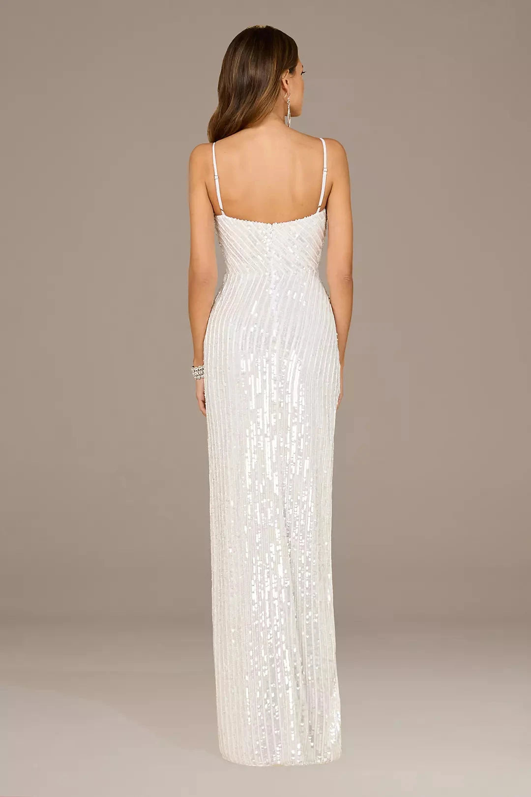 Glamorous All-Sequin Sheath Spaghetti-Strap V-Neck High-Slit Low-Back Wedding Dress by YiHuiw