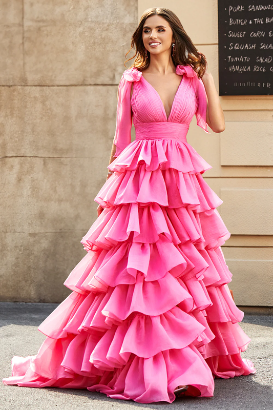 Robe de bal glamour décolleté plongeant nœud à l'épaule volants étagés longueur ras du sol robe de soirée