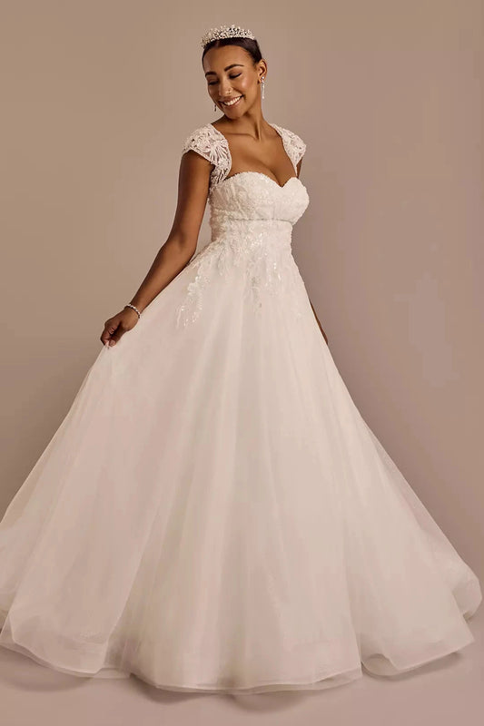 Glamorous Ballgown Sweetheart Lace-Cap-Sleeve Cut-Out Back Glitter-Tulle Train Wedding Dress by YiHuiw