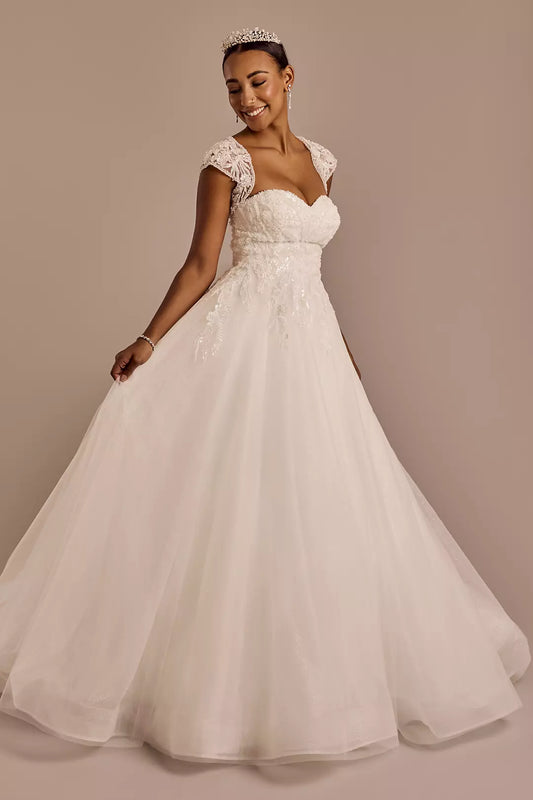 Glamorous Ballgown Sweetheart Lace-Cap-Sleeve Cut-Out Back Glitter-Tulle Train Wedding Dress