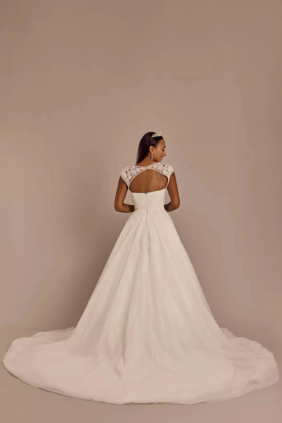 Glamorous Ballgown Sweetheart Lace-Cap-Sleeve Cut-Out Back Glitter-Tulle Train Wedding Dress by YiHuiw