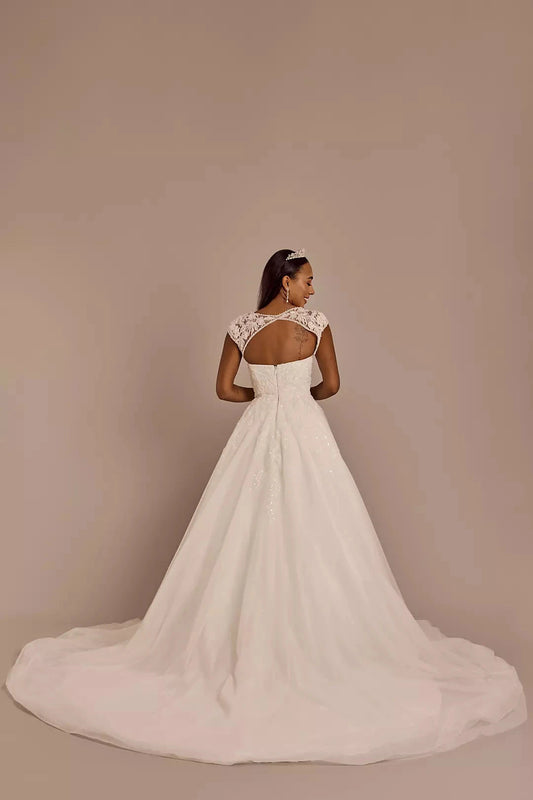 Glamorous Ballgown Sweetheart Lace-Cap-Sleeve Cut-Out Back Glitter-Tulle Train Wedding Dress by YiHuiw
